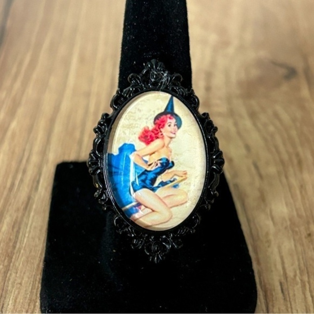 Pinup Witch Print Victorian Style Adjustable Ring, Handmade, NWT